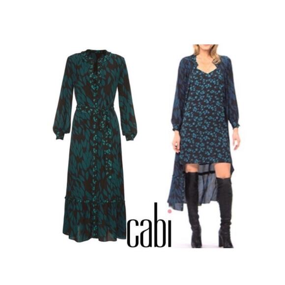 Cabi Autumn Dress Maxi # 4017 Green Floral Leaf Mixed Print Medium - Picture 2 of 10